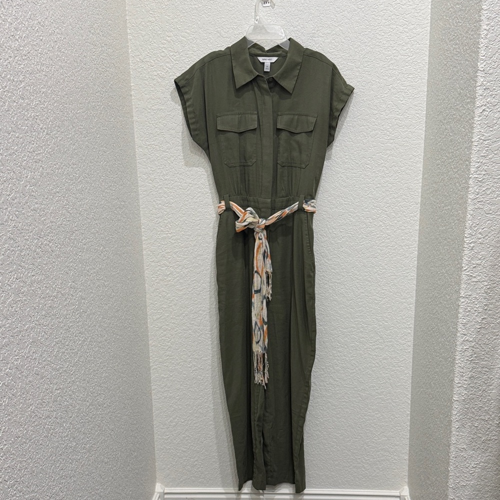 Nine West Olive Jumpsuit with Patterned Belt
